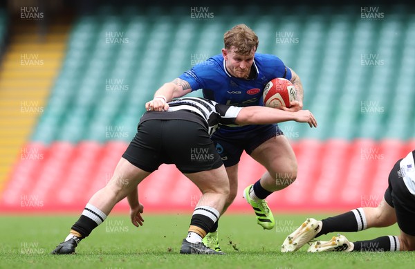190426 - Tumble v New Dock Stars, Mens Division 3 Cup Final - Ellis Dickeson of New Dock Stars is tackled by Iwan Morgan of Tumble