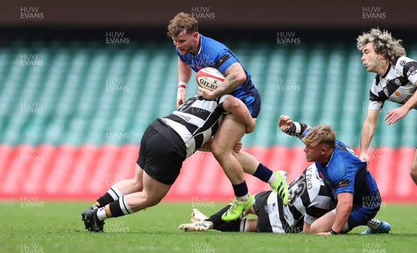 190426 - Tumble v New Dock Stars, Mens Division 3 Cup Final - Ellis Dickeson of New Dock Stars is tackled by Iwan Morgan of Tumble