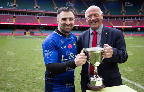 190426 - Tumble v New Dock Stars, Mens Division 3 Cup Final - New Dock Stars Captain Jordan Williams receives the trophy from WRU President Terry Cobner