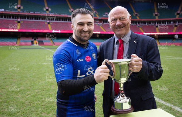 190426 - Tumble v New Dock Stars, Mens Division 3 Cup Final - New Dock Stars Captain Jordan Williams receives the trophy from WRU President Terry Cobner