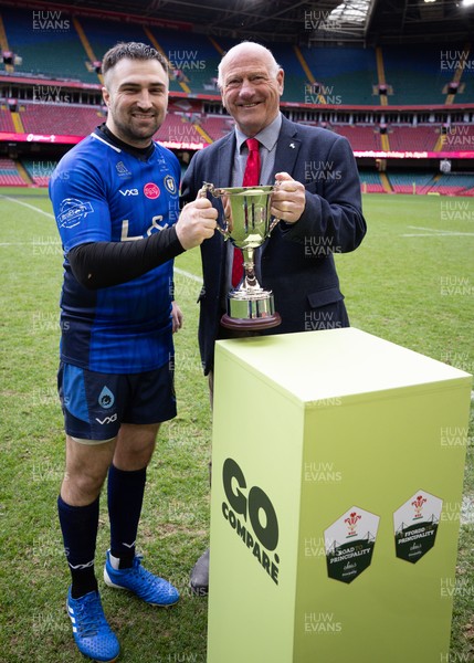 190426 - Tumble v New Dock Stars, Mens Division 3 Cup Final - New Dock Stars Captain Jordan Williams receives the trophy from WRU President Terry Cobner