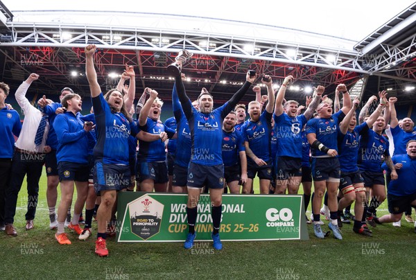 190426 - Tumble v New Dock Stars, Mens Division 3 Cup Final - New Dock Stars Captain Jordan Williams lifts the trophy with the team