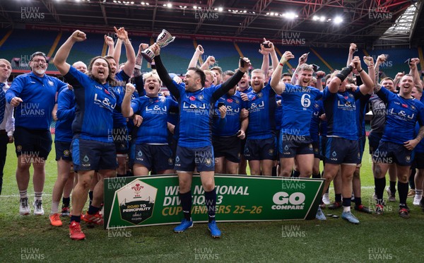 190426 - Tumble v New Dock Stars, Mens Division 3 Cup Final - New Dock Stars Captain Jordan Williams lifts the trophy with the team