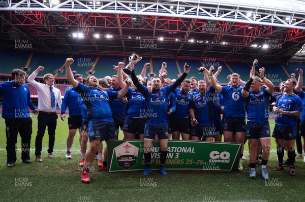 190426 - Tumble v New Dock Stars, Mens Division 3 Cup Final - New Dock Stars Captain Jordan Williams lifts the trophy with the team