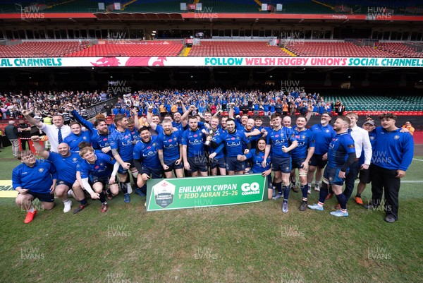 190426 - Tumble v New Dock Stars, Mens Division 3 Cup Final - New Dock Stars Captain Jordan Williams lifts the trophy with the team