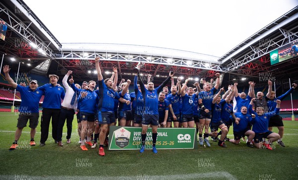 190426 - Tumble v New Dock Stars, Mens Division 3 Cup Final - New Dock Stars Captain Jordan Williams lifts the trophy with the team