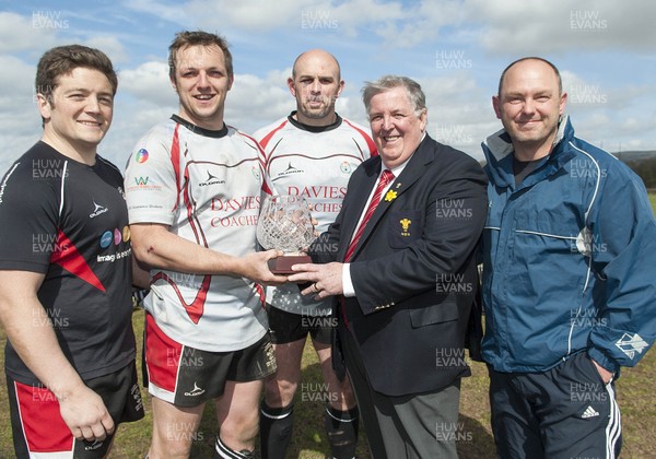 040513 - Tycroes v Neyland - SWALEC League 4 West -  Pictured at the trophy presentation are LtR: Backs coach Dean Bromham, Captain Steve Roach, Head Coach Aled Griffiths, WRU Board member Brian Fowler and Sherridan Morgan, Fitness and Defence Coach