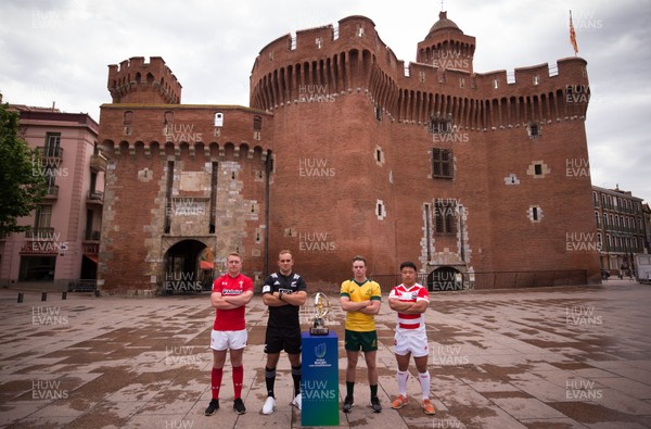 270518 -World Rugby U20 Championship, Captains Photocall - Wales U20 Captain Tommy Reffell with New Zealand captain Tom Christie, Australia captain Ryan Lonergan and Japan captain Hisanobu Okayama during photocall at Le Castillet Perpignan ahead of the start of the World Rugby U20 Championship