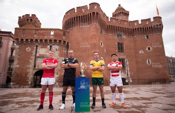 270518 -World Rugby U20 Championship, Captains Photocall - Wales U20 Captain Tommy Reffell with New Zealand captain Tom Christie, Australia captain Ryan Lonergan and Japan captain Hisanobu Okayama during photocall at Le Castillet Perpignan ahead of the start of the World Rugby U20 Championship