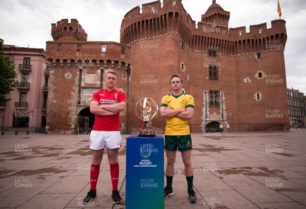 270518 -World Rugby U20 Championship, Captains Photocall - Wales U20 Captain Tommy Reffell with Australia captain Ryan Lonergan during photocall at Le Castillet Perpignan ahead of the start of the World Rugby U20 Championship