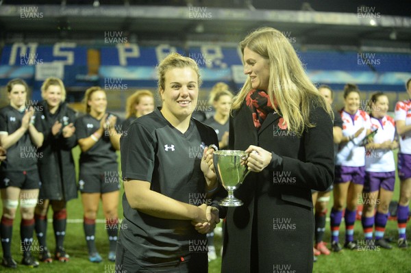 081117 - UK Armed Forces Women v Wales Development XV Women - Carys Phillips of Wales receives the winners trophy