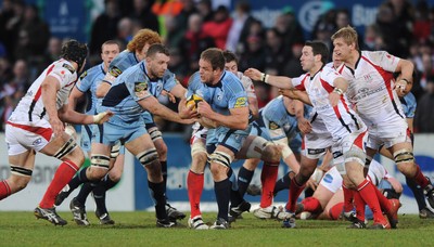 03.04.10 - Ulster v Cardiff Blues - Magners League - Xavier Rush of Cardiff Blues drives through. 