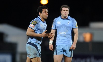 03.04.10 - Ulster v Cardiff Blues - Magners League - Casey Lualala of Cardiff Blues feels his injury as Jamie Roberts looks on. 