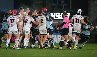 011218 - Ulster v Cardiff Blues - Guinness PRO14 -  Players from both teams scuffle