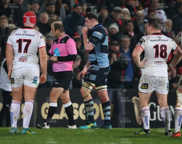 011218 - Ulster v Cardiff Blues - Guinness PRO14 -  Cardiff Blues Seb Davies shown the yellow card
