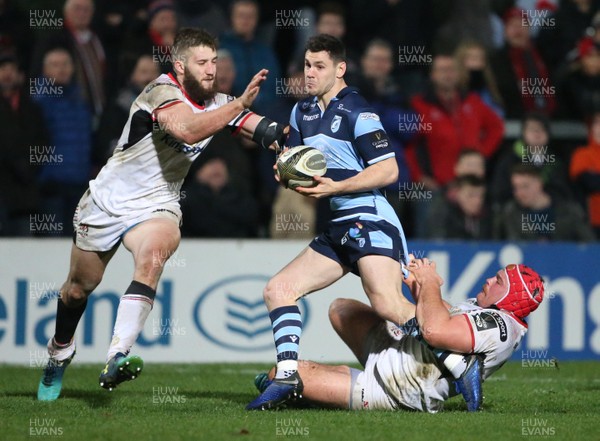 011218 - Ulster v Cardiff Blues - Guinness PRO14 -  Ulster Stuart McCloskey   and  Eric O�Sullivan tackle Cardiff Blues Garyn Smith