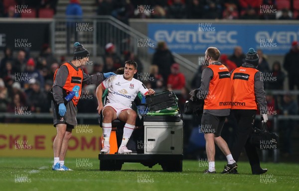 251019 - Ulster Rugby v Cardiff Blues - Guinness PRO14 -  Ulster's James Hume leaves the pitch injured