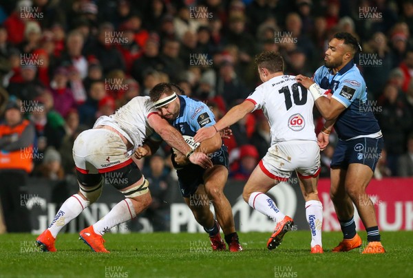 251019 - Ulster Rugby v Cardiff Blues - Guinness PRO14 -  Ulster's Billy Burns in action with Cardiff's Liam Belcher