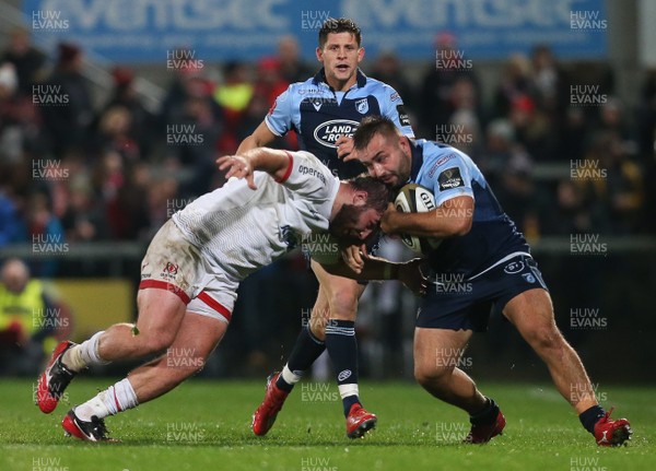 251019 - Ulster Rugby v Cardiff Blues - Guinness PRO14 -  Ulster's John Andrew in action with Cardiff's Liam Belcher