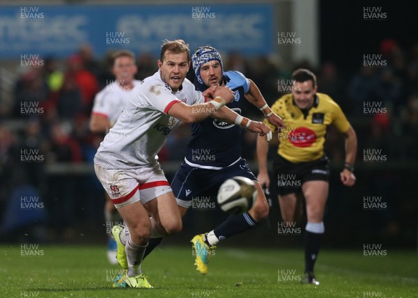 251019 - Ulster Rugby v Cardiff Blues - Guinness PRO14 -  Ulster's Will Addison in action with Cardiff's Matthew Morgan