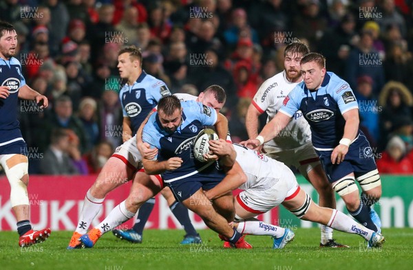 251019 - Ulster Rugby v Cardiff Blues - Guinness PRO14 -  Ulster's Jack McGrath in action with Cardiff's Liam Belcher