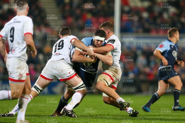 251019 - Ulster Rugby v Cardiff Blues - Guinness PRO14 -  Ulster's Sam Carter in action with Cardiff's Josh Turnbull