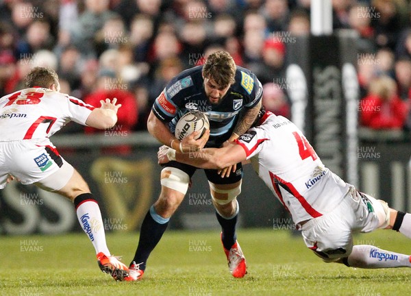 270315 - Ulster v Cardiff Blues - Guinness PRO12 -  Josh Turnbull of Cardiff tackled by Dan Tuohy  and Roy Scholes of Ulster and   (c) Huw Evans Agency