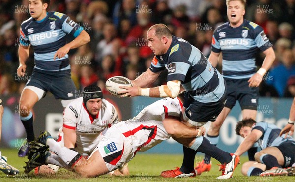 270315 - Ulster v Cardiff Blues - Guinness PRO12 -  Lou Reed of Cardiff tackled by Wiehahn Herbst of Ulster  (c) Huw Evans Agency