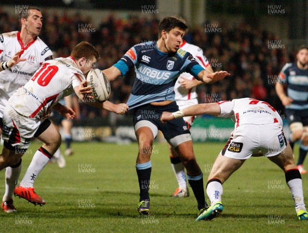 270315 - Ulster v Cardiff Blues - Guinness PRO12 - Lucas Amorosino of Cardiff tackled by Paddy Jackson and  Craig Gilroy of Ulster  (c) Huw Evans Agency