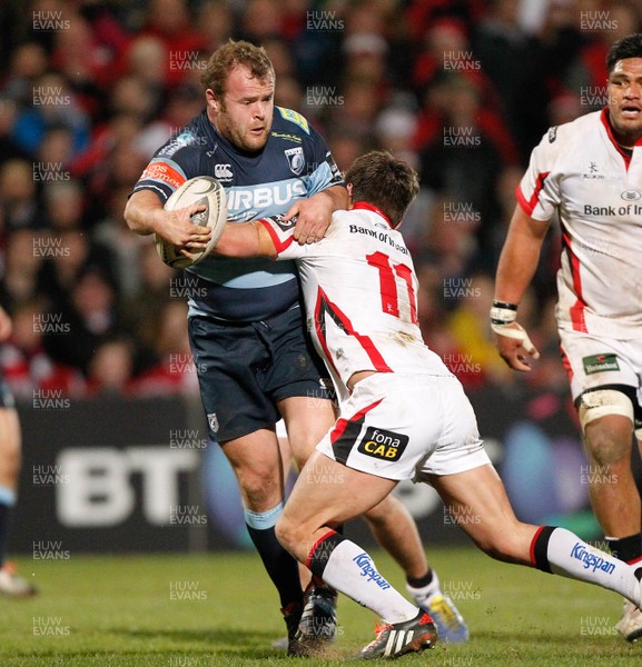 270315 - Ulster v Cardiff Blues - Guinness PRO12 -  Scott Andrews of Cardiff tackled by Michael Allen of Ulster  (c) Huw Evans Agency