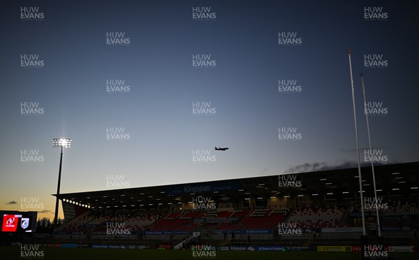 040322 - Ulster v Cardiff Rugby - United Rugby Championship - A plane prepares to land at the nearby George Best Belfast City Airport