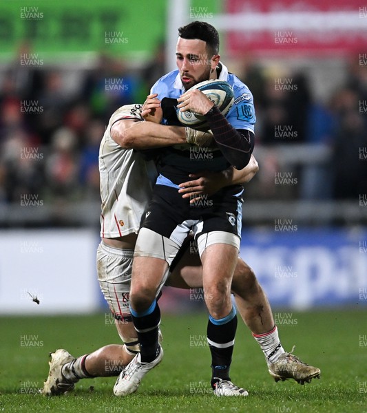 040322 - Ulster v Cardiff Rugby - United Rugby Championship - Aled Summerhill of Cardiff is tackled by Nick Timoney of Ulster