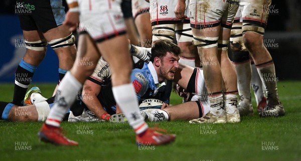040322 - Ulster v Cardiff Rugby - United Rugby Championship - James Ratti of Cardiff celebrates scoring a try
