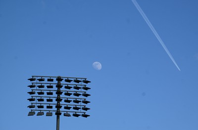 190424 - Ulster v Cardiff Rugby - United Rugby Championship - A general view of the moon and floodlight over Kingspan Stadium before the match