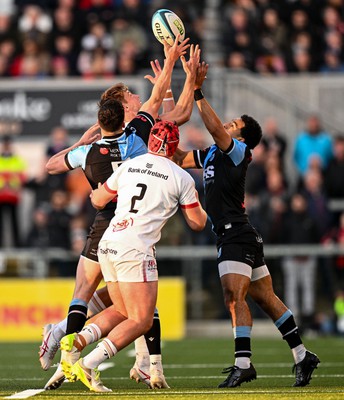 Ellis Bevan and Theo Cabango of Cardiff in action against Jude Postlethwaite and Tom Stewart of Ulster