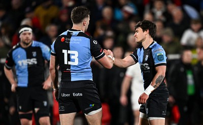 190424 - Ulster v Cardiff Rugby - United Rugby Championship - Gonzalo Bertranou, right, and Mason Grady of Cardiff after the United Rugby Championship match between Ulster and Cardiff