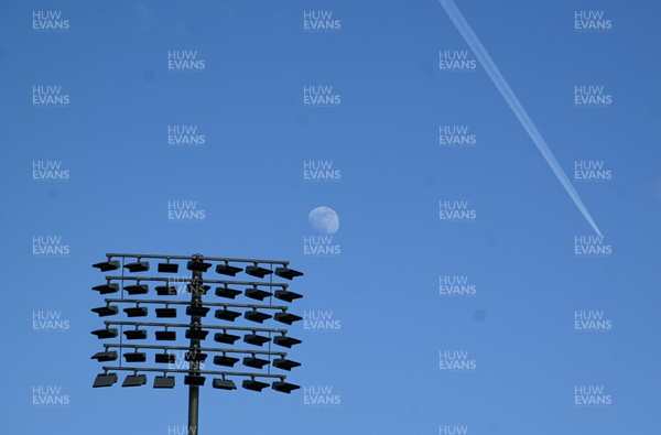 190424 - Ulster v Cardiff Rugby - United Rugby Championship - A general view of the moon and floodlight over Kingspan Stadium before the match