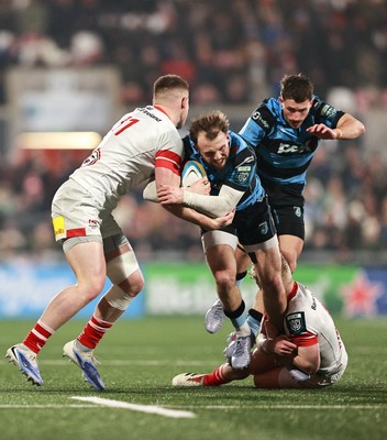 310126 - Ulster v Cardiff Rugby - United Rugby Championship - Tom Bowen of Cardiff is tackled by Ulster players, from left, Zac Ward and Conor McKee