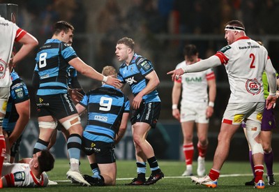 310126 - Ulster v Cardiff Rugby - United Rugby Championship - Johan Mulder of Cardiff, 9, celebrates with team-mates after scoring his side's first try