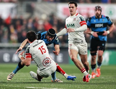 310126 - Ulster v Cardiff Rugby - United Rugby Championship - Cam Winnett of Cardiff is tackled by Leigh Halfpenny of Cardiff