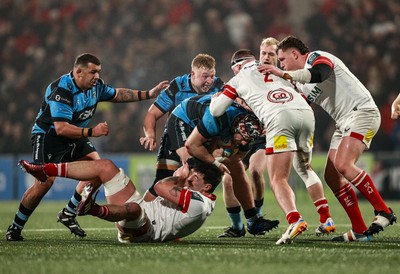 310126 - Ulster v Cardiff Rugby - United Rugby Championship - Alun Lawrence of Cardiff is tackled by Ulster players, from left, Matthew Dalton and Rob Herring