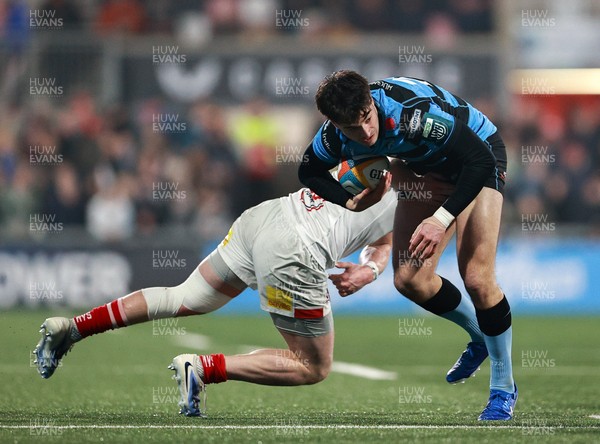 310126 - Ulster v Cardiff Rugby - United Rugby Championship - Elijah Evans of Cardiff is tackled by Zac Ward of Ulster