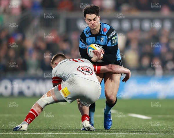 310126 - Ulster v Cardiff Rugby - United Rugby Championship - Elijah Evans of Cardiff is tackled by Zac Ward of Ulster