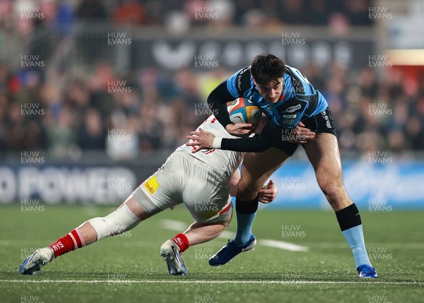310126 - Ulster v Cardiff Rugby - United Rugby Championship - Elijah Evans of Cardiff is tackled by Zac Ward of Ulster