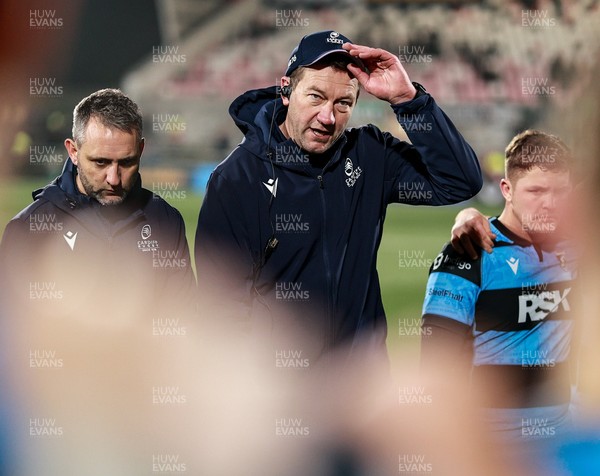 310126 - Ulster v Cardiff Rugby - United Rugby Championship - Cardiff head coach Corniel Van Zyl speaks to his team after their defeat 