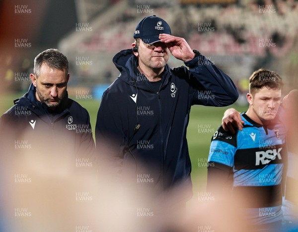 310126 - Ulster v Cardiff Rugby - United Rugby Championship - Cardiff head coach Corniel Van Zyl speaks to his team after their defeat