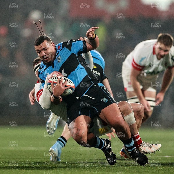 310126 - Ulster v Cardiff Rugby - United Rugby Championship - Javan Sebastian of Cardiff is tackled by Rob Herring of Ulster