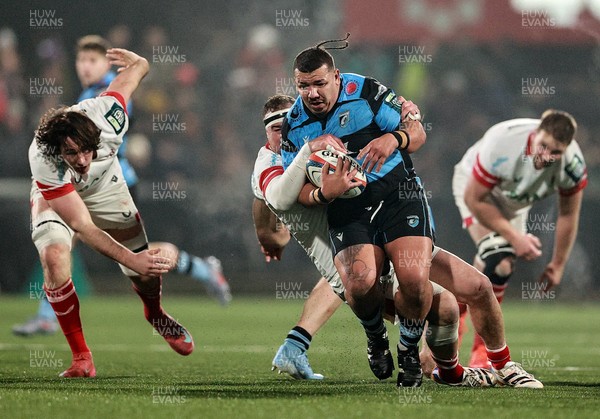 310126 - Ulster v Cardiff Rugby - United Rugby Championship - Javan Sebastian of Cardiff is tackled by Rob Herring of Ulster