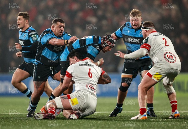 310126 - Ulster v Cardiff Rugby - United Rugby Championship - Alun Lawrence of Cardiff is tackled by Ulster players, from left, Matthew Dalton and Rob Herring