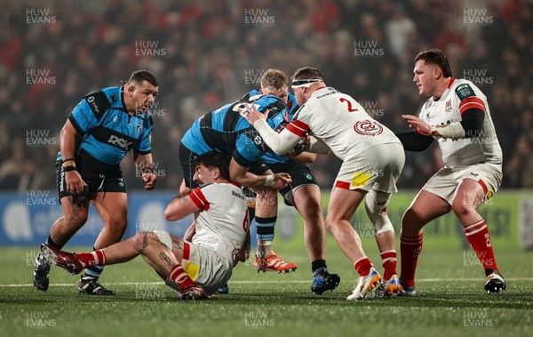 310126 - Ulster v Cardiff Rugby - United Rugby Championship - Alun Lawrence of Cardiff is tackled by Ulster players, from left, Matthew Dalton and Rob Herring